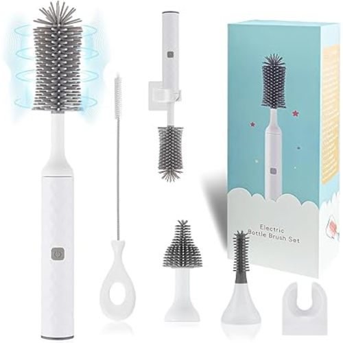 Electric Baby Bottle Brush Set with Electric Bottle Brush and Silicone Bottle/Nipple Brush, Long Straw Cleaner, Rechargeable Bottle Cleaner Electric,Waterproof Water Bottle Cleaner,White