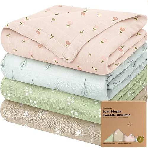 4-Pack Muslin Swaddle Blankets for Baby Boys, Girls - Organic Baby Blankets for Girl, Boy, Baby Swaddle Blanket Unisex, Receiving Blankets, Swaddles for Newborns, Newborn Baby Essentials (Wild Bloom)