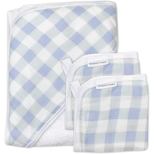 HonestBaby 3-Piece Organic Cotton Hooded Towel & Washcloth Set, Blue Painted Buffalo Check, One Size