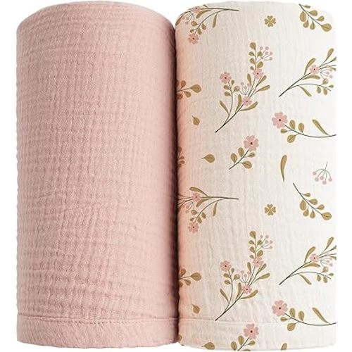 Konssy Muslin Swaddle Blankets for Boys Girls, 2 Pack Receiving Baby Blanket Large 47 x 47 inches, Soft Breathable Swaddling Wrap for Unisex Newborn (Pink, Floral)