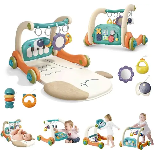 3 in 1 Baby Activity Gym Center, Tummy Time Play Mat Gym, Baby Push Walker, Kick and Play Piano with Music and Light, Sensory Toys for Newborn Babies Infants Toddlers Boys Girls