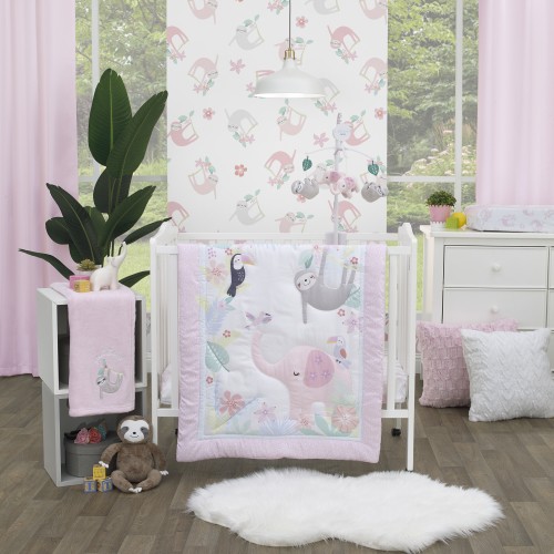 Little Love by NoJo Tropical Garden 3-Pc Mini Crib Bedding Set, Pink Jungle Animals