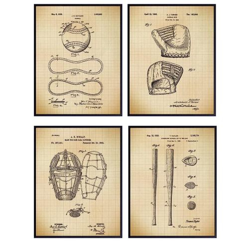 Baseball Patent Art Prints - Vintage Retro Wall Art Poster Set - Chic Contemporary Home Decor for Boys, Teens, Game, Kids Room, Den, Office - Great Gift for Men, Boys - Four 8x10 Photos - Unframed