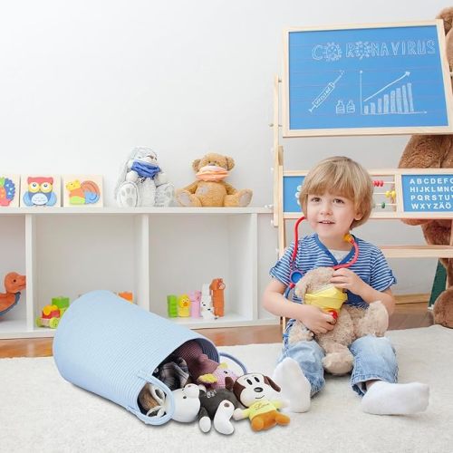 Cotton Rope Laundry Basket Hamper for Clothes Woven Storage Basket for Living Room Bedroom Boho Tall Rope Baskets for Blanket Toys Pillow Towels Baby Nursery Hamper Bin light blue