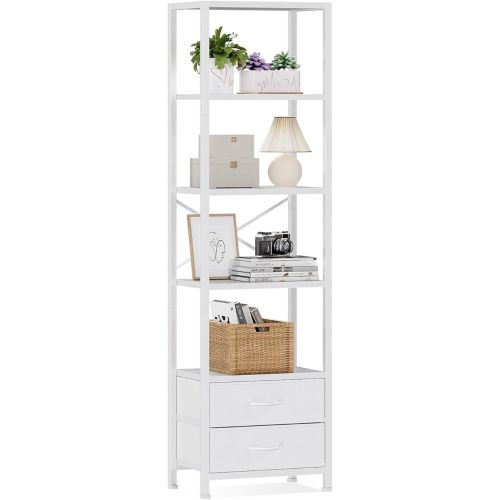Furnulem 5-Tier Corner Shelf, Narrow Bookshelf with 2 Storage Drawers, Tall Bookcase, Wood Display Standing Shelf Organizer Unit for Living Room, Bedroom, Metal Frame(White)