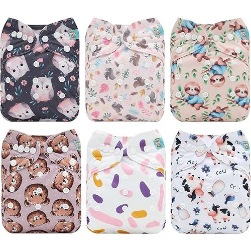 ALVABABY Baby Cloth Diaper 6 Pack with 12 Inserts One Size Cloth Diaper Covers Adjustable Washable Reusable for Baby Girls and Boys