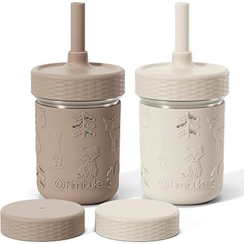 Fimibuke Toddler Cups Spill Proof, 8 OZ Sippy Cups for Kids Girl Boy, Stainless Steel Tumbler with Lid, Removable Silicone Straw & Sleeve, BPA Free Dishwasher Safe Water Bottle Snack Container 2 Pack