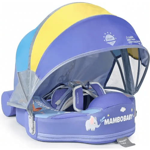 Mambobaby Float Add Tail No Flip Over Non-Inflatable Baby Swim Float Pearl Foam Solid Water Floats Smart Swim Trainer Infant Pool Float Swim Ring with Sun Canopy