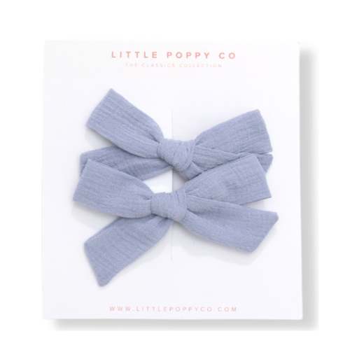 Blue Grey Linen Pigtail Bows