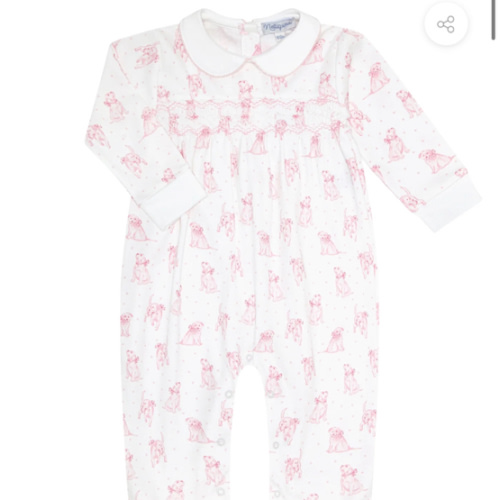 Pink Puppy Love Print Smocked Footie