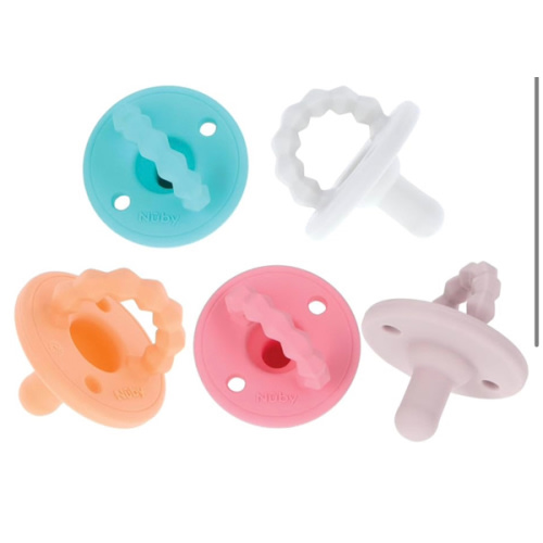 Nuby Silicone Softees Pacifier and Teethers - (5-Pack) Silicone Baby Pacifiers and Teethers - 0+ Months - Assorted Pastel Colors