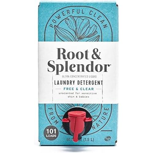 Root & Splendor Ultra Concentrated All Natural Laundry Detergent Liquid - Plant Based, Enzymatic Laundry Soap, Free & Clear Unscented, 1.5 Liter, 100 Loads