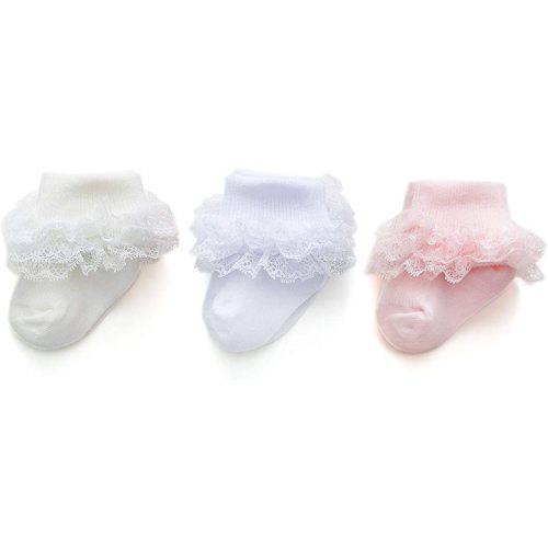 EPEIUS Baby-Girls Eyelet Turn Cuff Ruffle Lace Socks Triple Lace Dressy Socks Newborn/Infants/Toddlers 3/5 Pairs