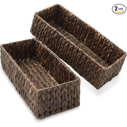 Casafield Set of 2 Bathroom Storage Baskets, Espresso - Water Hyacinth, 16" W x 6.75" D x 4.25" H, Woven Toilet Tank Topper Bins for Organizing Tissues, Toilet Paper, Toiletries, Shelves