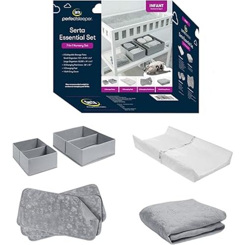 Delta Children Serta 7-Piece Essential Changing Table Set - Newborn Baby Gift Set for Boys and Girls – Includes Changing Pad, Plush Changing Pad Cover, 3 Changing Pad Liners and 2 Storage Bins, Grey