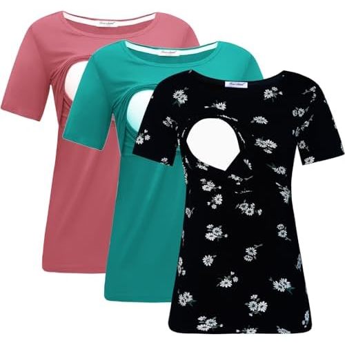 Bearsland Women's 3 Packs Maternity Nursing Tops Short Sleeve Breastfeeding Shirts