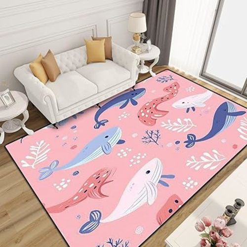 Washable Area Rug Childrens Cute Squid Whales Drawn Pink Ideal fo Childrens 6x9 Low Pile Large Rug Non-Slip Non-Shedding Rug Indoor Carpet for Living Room Bedroom Kids Room Home Decor