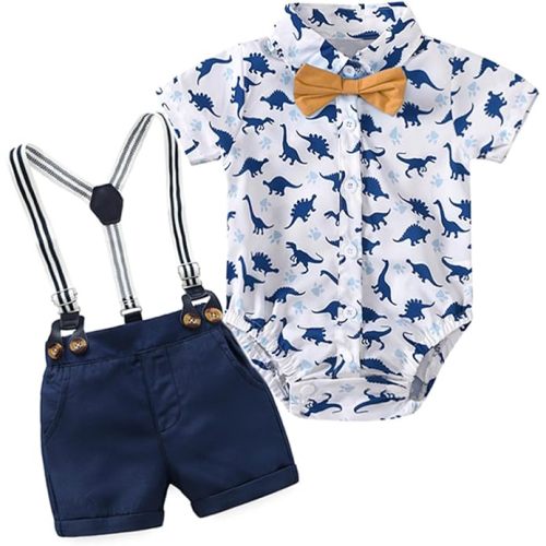 Volunboy Baby Boy Formal Short Set Toddler Summer Gentleman Outfit Kid Short Sleeve Bowtie Shirt Suspender Shorts Suit - 6-9 Months - Dino+navy