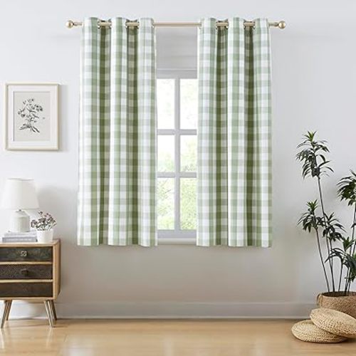 Amzdecor Short Buffalo Check Plaid Full Blackout Curtains 63 Inches Long for Bedroom Energy Efficient Thermal Insulated Grommet Drapes, Farmhouse Window Treatment, 2 Panels, 40"x63",Sage Green & White