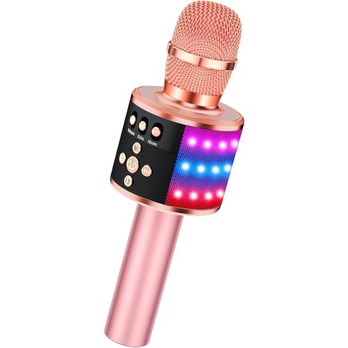 BONAOK Bluetooth Wireless Karaoke Microphone with LED Lights,4-in-1 Portable Handheld Mic with Speaker Karaoke Player for Singing Home Party Toys Birthday Gift for Kids Adults Girls Q78(Rose Gold)