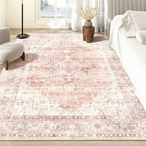 5x7 Area Rugs Washable, Pink Rug for Living Room Bedroom Dining Room Kitchen, Soft Floral Vintage Distressed Carpet Non Slip, Boho Rug for Girls Boys Home Decor
