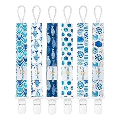 babygoal Ocean Blue Pacifier Clips, 6 Pack Binky Paci Holder Clips Leashes Fits for Most Baby Pacifiers and Binkies