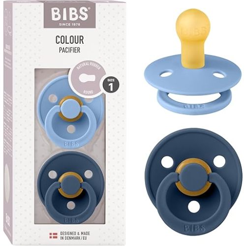 BIBS Colour Baby Pacifier 2-Pack | Made in Denmark | BPA Free Dummy Soother, Round Nipple. Natural Rubber Latex, Size 1 (0-6 Months), Sky Blue / Steel Blue
