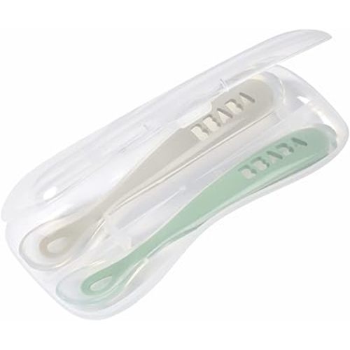 BEABA Baby's First Foods Spoon Set with Travel Case, Original Soft Silicone Baby Spoons, Baby Essentials, Travel Set, Sage + Cloud