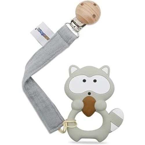 Baby Food Grade Silicone Teether Toy with Pacifier Clip Holder,Teething Pain Relief Toys Gift Set for 3 Months+ Boys and Girls,Freezer Safe,BPA Free (Raccoon)