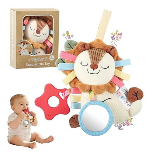 TYRY.HU Baby Rattles Toy, Plush Lion Rattle, Stuffed Animal Hand Rattles,Infant Grab Shake Rattle, Crinkle & Squeaker,Soft Sensory Toy with Sound for Babies 0-6 6-12 Months, Lion