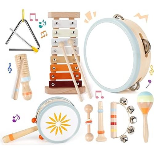Toddler Musical Instruments-Montessori Wooden Educational Toys for Toddlers 1-3 Baby Musical Instruments Neutral Color Musical Instruments Set with Xylophone Maracas Bell Birthday Gift for Ages 1 2 3