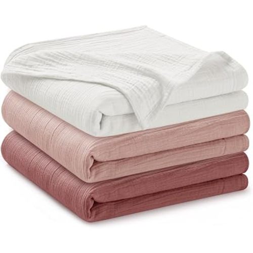 Horbaunal Muslin Swaddle Blankets 47 x 47 Inch Large, Rose & Pink & White