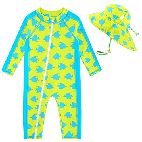 UNIFACO Baby Boy Swimsuit UPF 50+ Sun Protection One Piece Zip Bathing Suit with Sun Hat Infant Sunsuit Swimwear