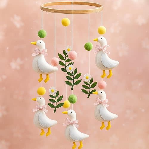 Vicenpal Silly Goose Baby Mobile for Crib Pink Nursery Decor Silly Goose Baby Stuff Felt Nursery Mobile for Girl Crib Neutral Wooden Handmade Hanging Decor