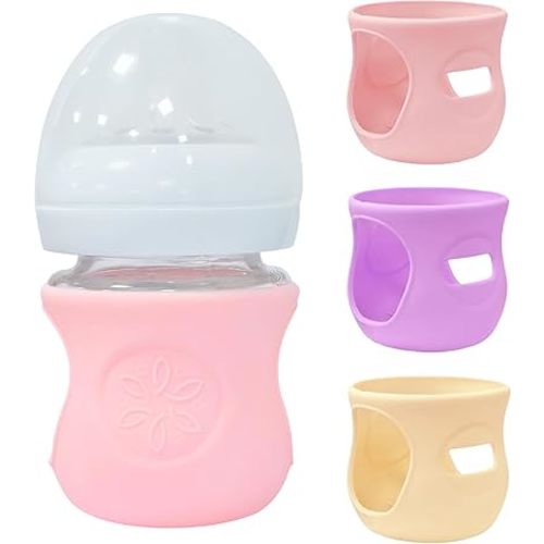3 Pack Glass Baby Bottle Sleeve for Avent Glass Bottles 4 oz, Anti Breakage Bottle Holder for Baby for Avent Glass Bottles 4oz (3, Pink + Purple + Beige, 4 oz)