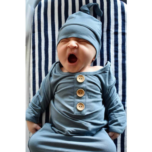 Solid Dusty Blue Bamboo Baby Knot Gown & Hat