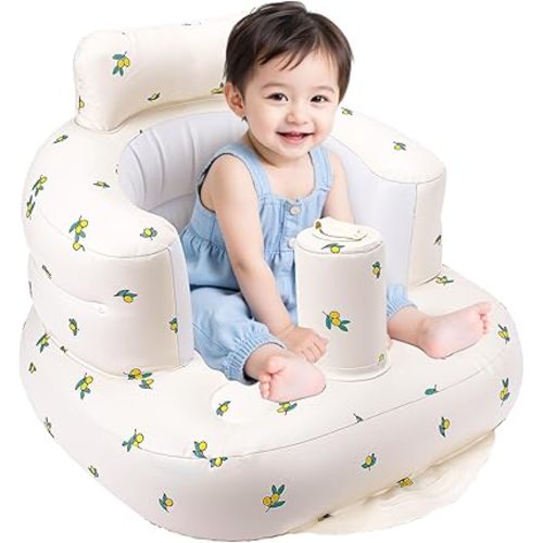 Inflatable Infant Chair for Babies 0-6 Months to Help Sit Up, Baby Blow Up Chair with Built in Pump- Olive Flower