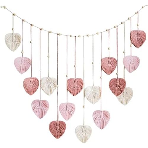 LB Pink Macrame Wall Hanging,Bohemian Pink and White Hanging Photo Display with 10 Clips,Handmade Leaves Woven Wall Art Decoration for Living Room Bedroom,Teen Girl Teenage Gifts,47.3" W x 29.5" L