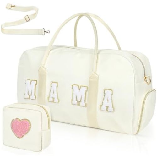 Mama Bag, Mama Hospital Bag for Labor and Delivery Nylon Chenille Letter Embroidered Duffle Bag Overnight Bag Weekender Bag with Shoes Compartment and Toiletry Bag Mothers Day Gifts (White, Mama)