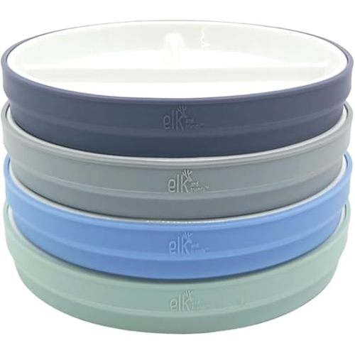 Elk and Friends Kids 7.8” Porcelain White Plates with Silicone Sleeves | Divided Plates | Suitable for Kids/Toddlers | Microwave & Dishwasher Safe | Non Slip | Snack Dishes…