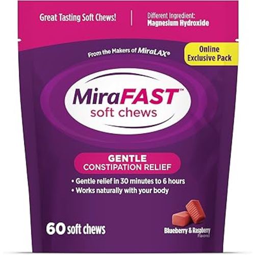 MiraFAST Soft Chews, from The Makers of MiraLAX, Gentle Constipation Relief, Fast Acting Laxative, Stimulant Free Saline Laxative, Magnesium Hydroxide, Blueberry & Raspberry Flavor, 60ct