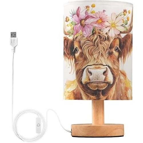 Bedside Table Lamp Cute Highland Cow Flowers Nightstand Lamp with Wood Desk Lamps for Bedroom Living Room Nursery Office Home Decor