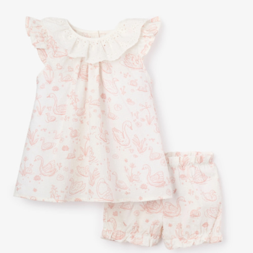 Swan Toile Swiss Dot Dress + Bloomer – Elegant Baby