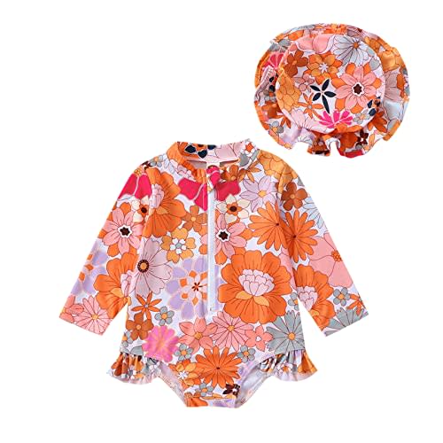 ZAXARRA Little Baby Girls Swimsuit One Piece Rash Guard Long Sleeve Zipper Ruffle Bathing Suit Toddler Summer Clothes