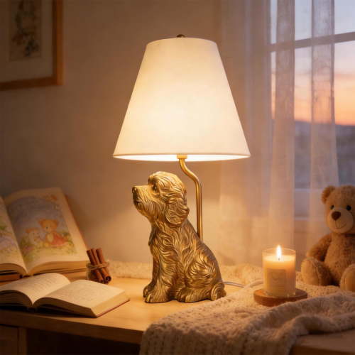 Golden Doodle Dog Table Lamp 18.5 inch Home Nightstand Resin Gold Lamp, with Painted Gold Finish and Tapered Linen Shade, Bedside Puppy Lamps, Valentines Christmas Living Room Bedroom Decor