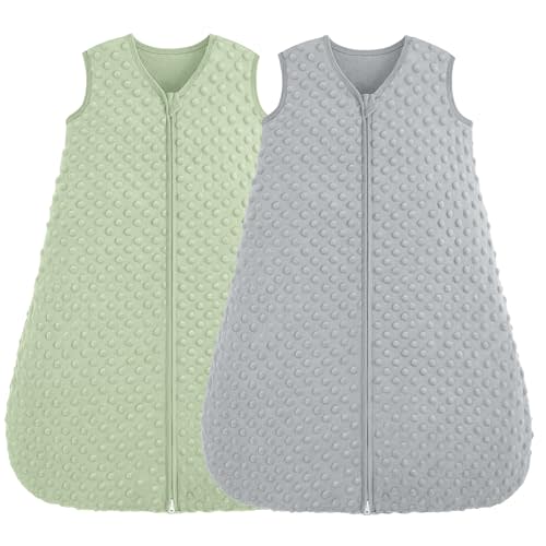 FIEMOL Fleece Baby Sleep Sack 12-18 Months, 1.5 TOG Cotton Baby Wearable Blanket With Soft Plush Dots, 2 Pack Toddler and Infant Warm Sleeping Sack with 2-Way Zipper Green&Grey