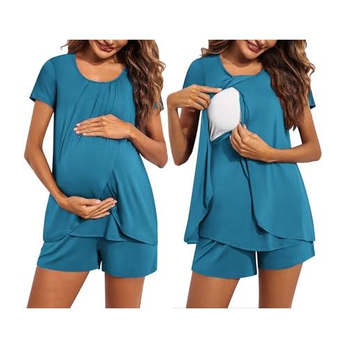 Ekouaer Women's Maternity Nursing Pajamas Set Breastfeeding Sleepwear Double Layer Short Sleeve Top & Shorts Nursing Pjs