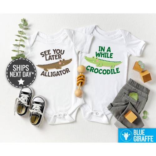 Twin Onesie®s®, See You Later Alligator, In A While Crocodile Twin Onesies®, Funny, Cute Twin Baby Onesies®