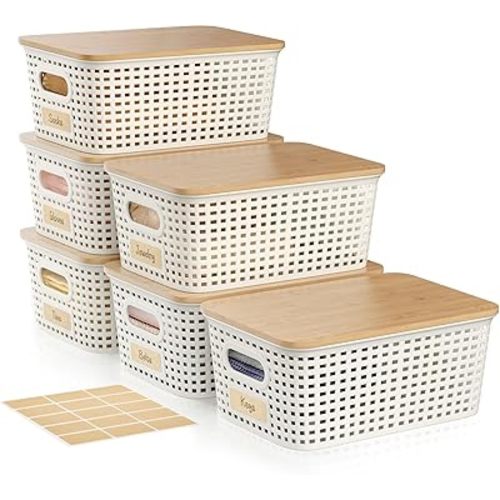 5 Quart Plastic Storage Bin with Bamboo Lid, Stackable Decorative Storage Basket Box Containers with Label for Organizing shelves Closet Office Playroom Classroom, White 6 Pack