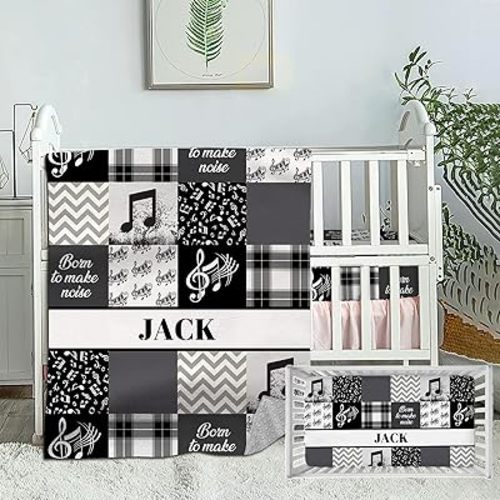 Custom Crib Bedding Set for Boys Girls, Personalized Baby Bedding Sets with Name, 2 Piece Music Bedding Set for Infant Toddler, Name Comforter Fitted Crib Sheets Set, Nursery Bedding